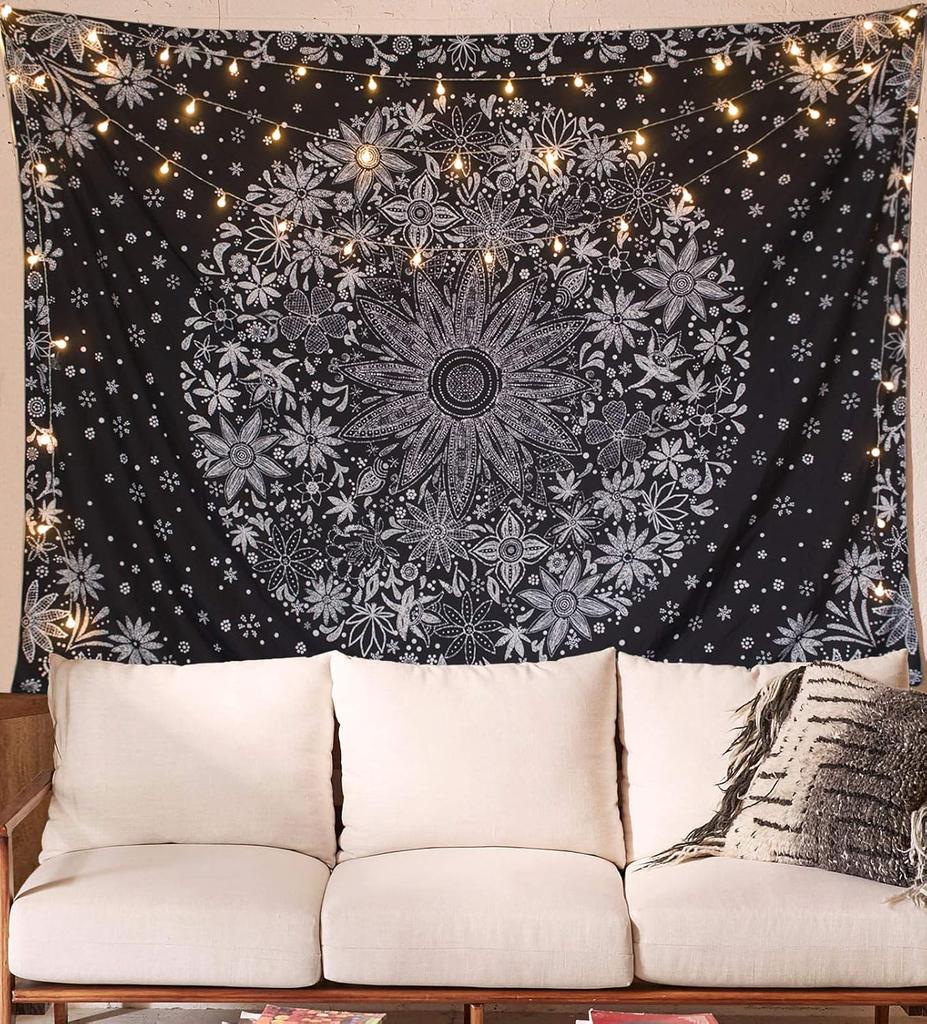 Bohemian Tapestry Wall Hanging Black and White Floral Tapestry with Dotted Daisy Medallion Print Bedroom Boho Hippie Home Decor