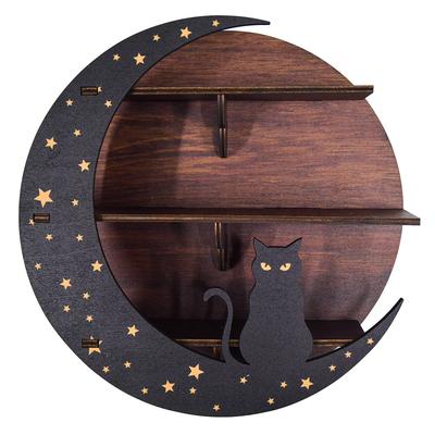 Boho Wall Mounted Black Moon Round Wooden Stand Rack Crystal Storage Display Floating Shelf Home Decoration