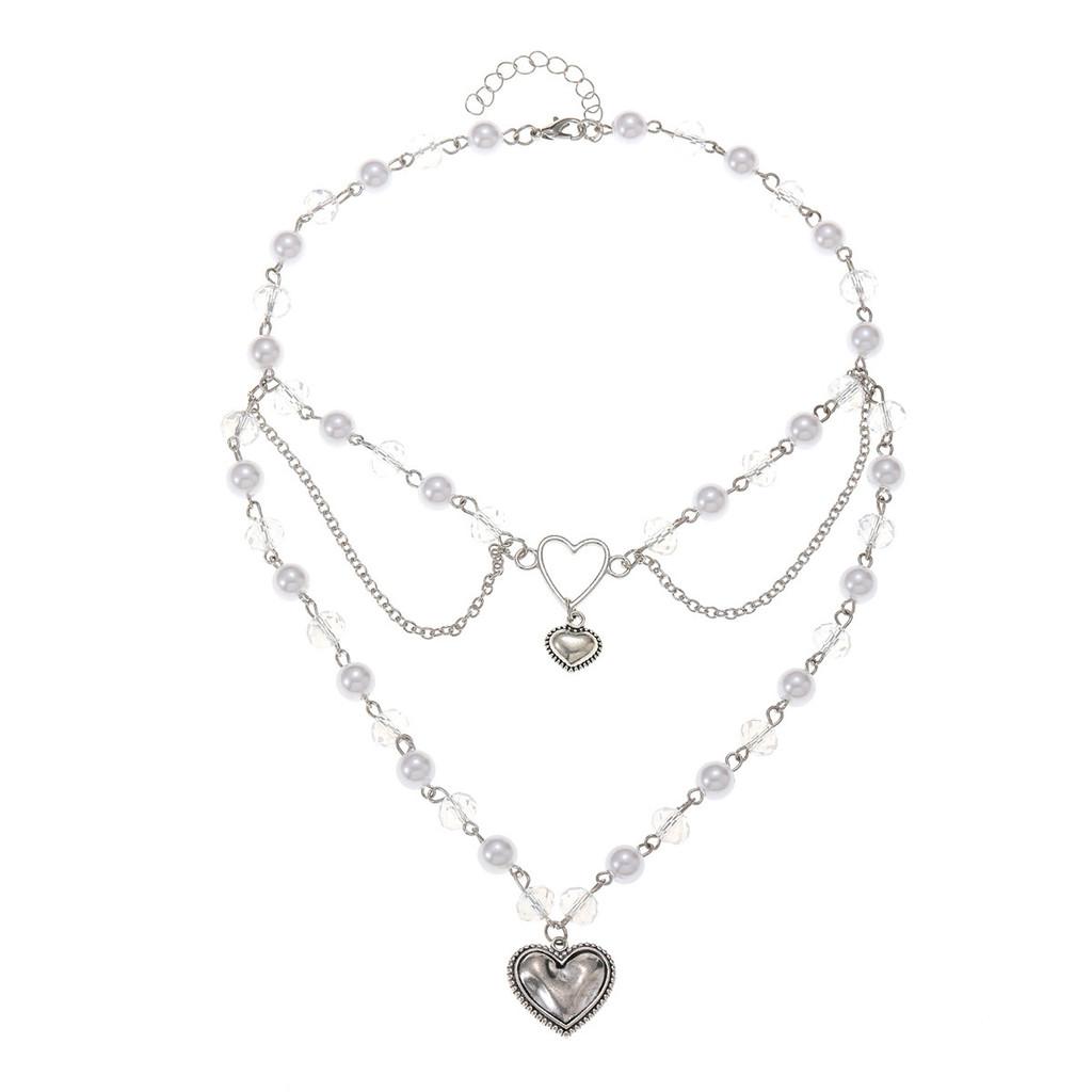 Artificial Pearl Pendant Necklace For Women With Heart Charm Geometric Design Summer