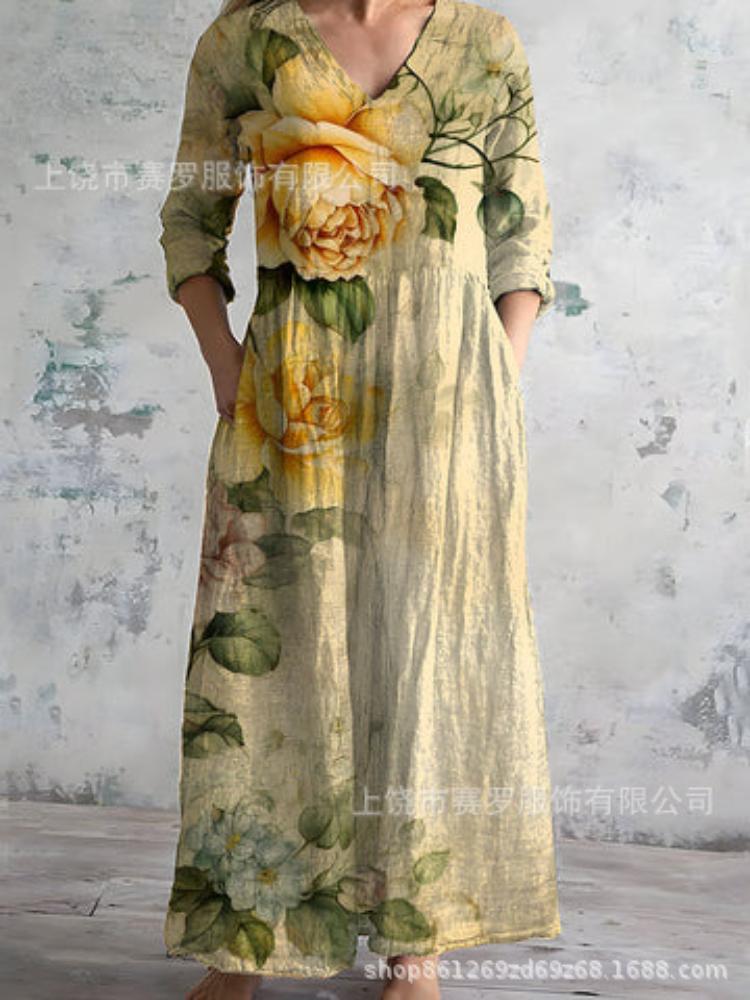 Damen Langarm V-Ausschnitt Maxi Kleid mit Streifenmuster, Knöchellanges Fließendes Kleid, Lässig Elegantes Kleid