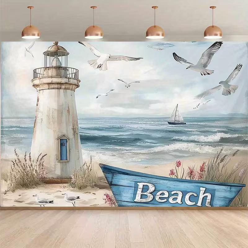 

2D Flat Printing Rustic Lighthouse Beach Backdrop Beach Sign Nautical Background 47.2x31.5inch/120*80cm