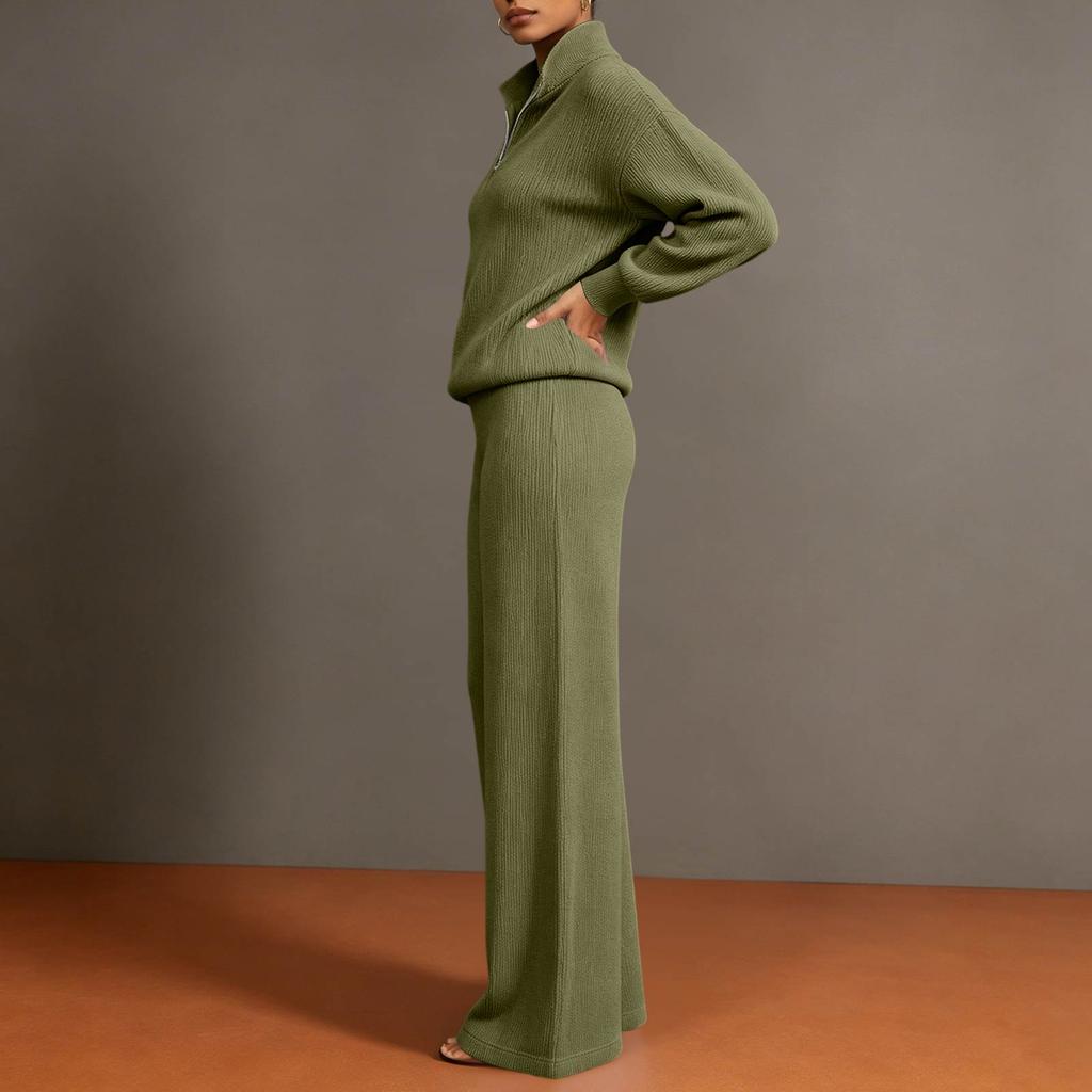 Women's Casual Half Zip Pullover Sweater and Wide Leg Pants Two Piece Set Lightweight Knit Loungewear Tracksuit for Everyday Wear
