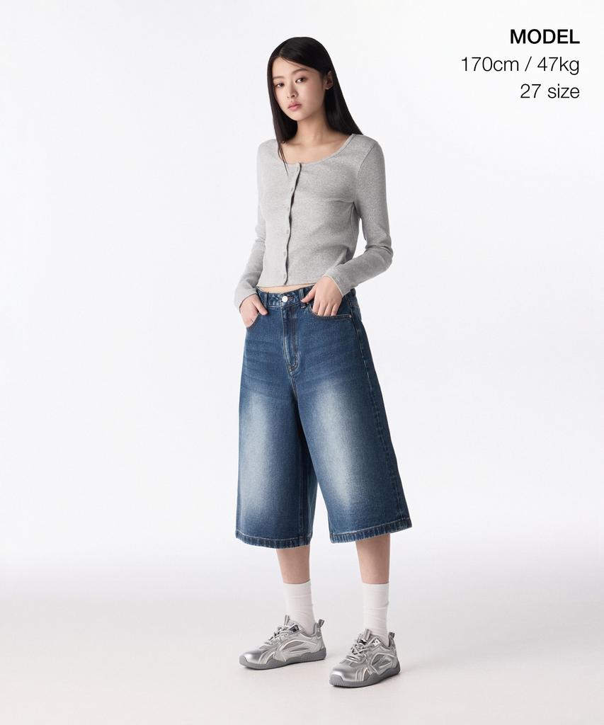 MUSINSA STANDARD WOMAN Women'S Big Brush Wide Bermuda Denim Pants [Medium Indigo]