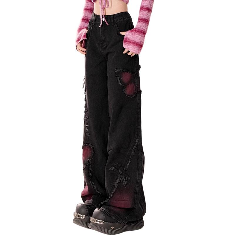 Schwarze Jeans Damen Gewaschen Alt Rohkanten Weiter Bein Hosen Mode Einzigartig Entspannte Weiter Bein Silhouette mit Strapazierfähigem Stoff, All-Match Jeans