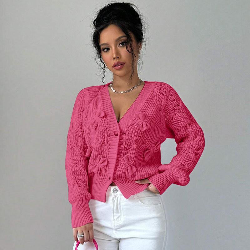 Womens Winter Solid Color Knit Cardigan With Bow Detail V-Neck Short Cropped Sweater