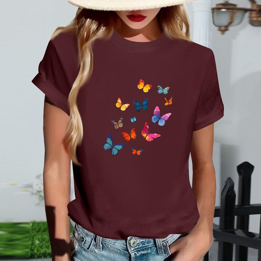 Women's Fashionable Round Neck Casual Retro Print Short Sleeved T-shirt Top