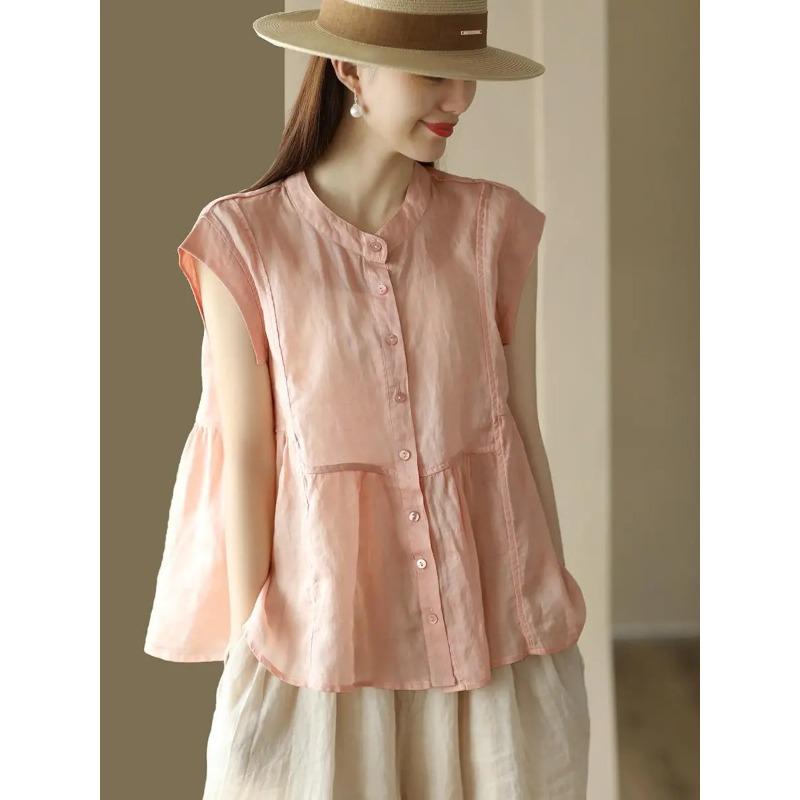 Women s Dusty Purple Linen Sleeveless Blouse Mandarin Collar Button Down Ruffle Hem Top M розовый