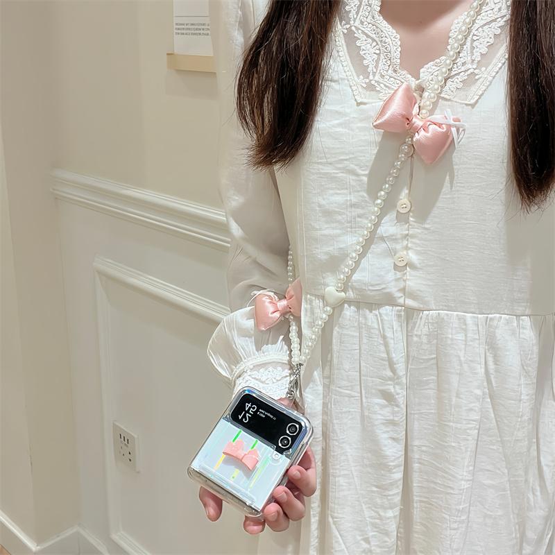 For Samsung Galaxy Z Flip 5 4 3 Z Flip5 ZFlip 5 ZFlip5 Case 3D Pink Bow Crossbody Chain Shockproof Cover With Bracelet