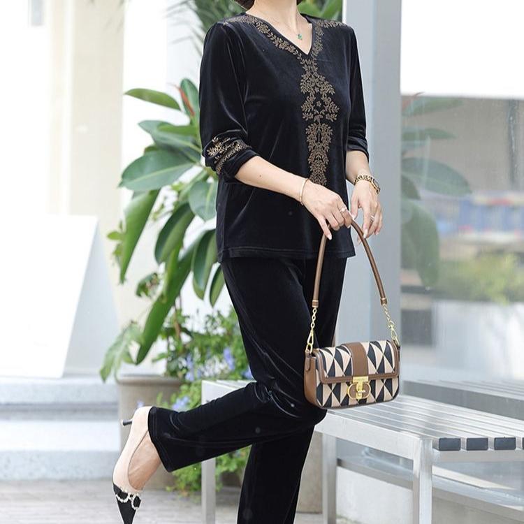 2pcs Pants Suits Spring Autumn Women's Gold Velvet Plus Size Blouse High-waist Velvet Harem Pants Two-piece Set