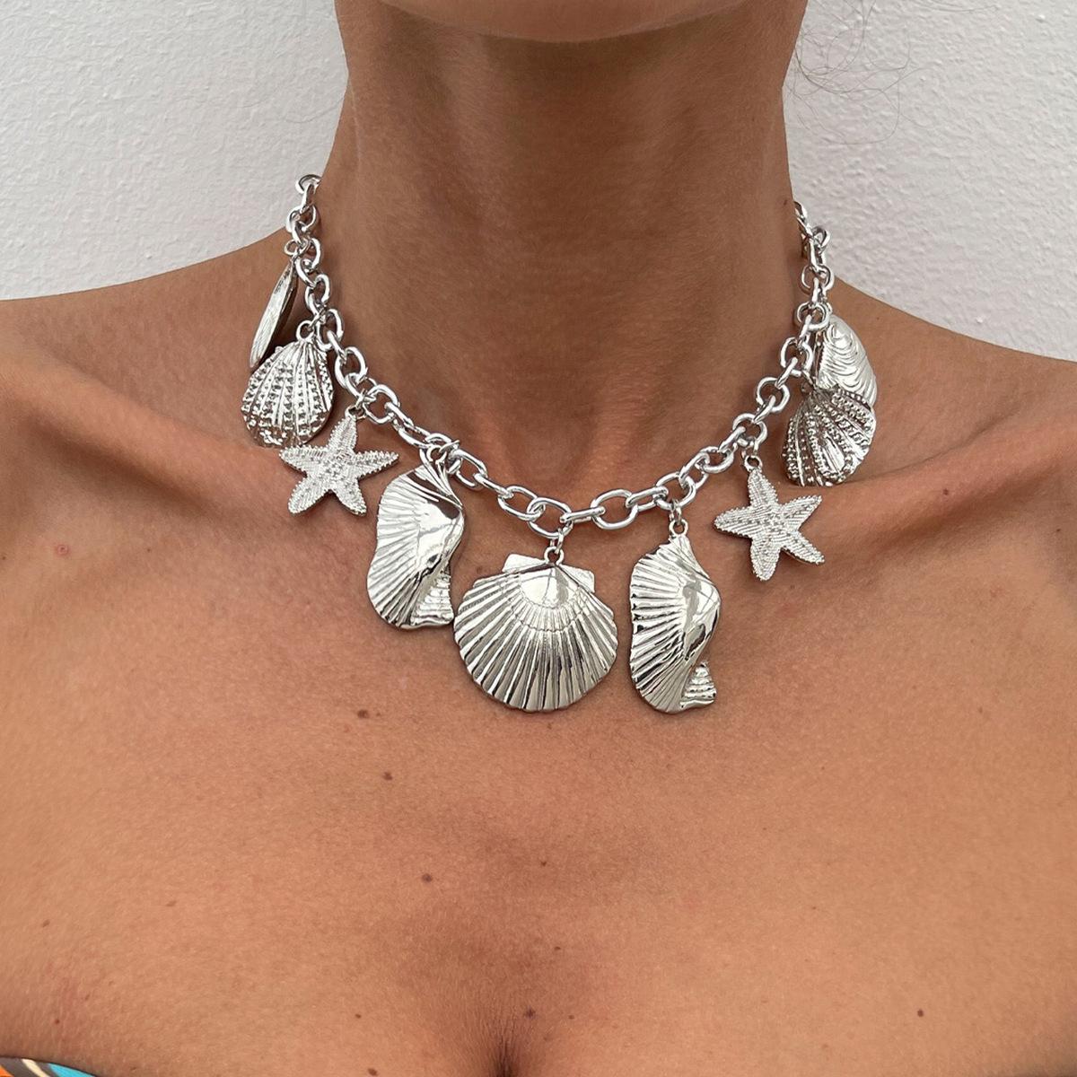 

Holiday Style Exaggerated Starfish Scallop Shell Pendant Necklace, Beach Marine Metal Collarbone Necklace