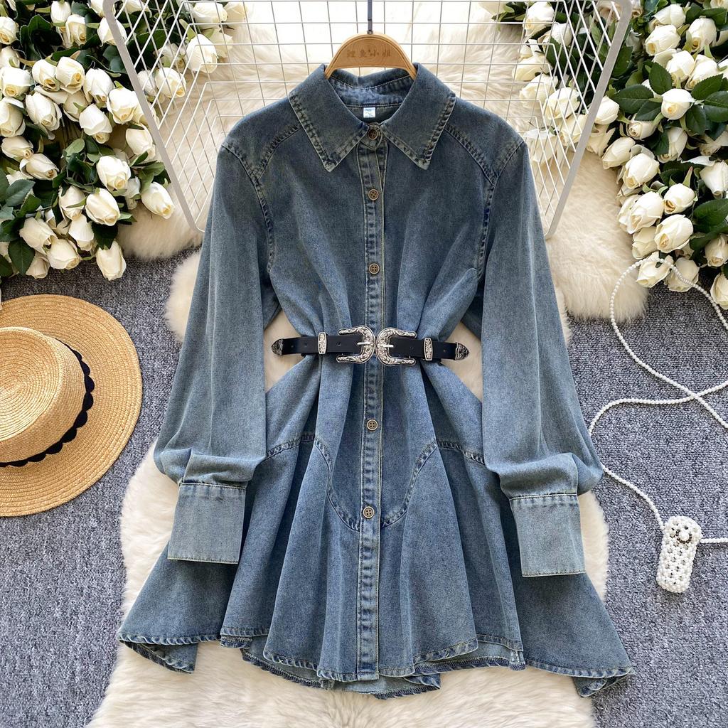 Spring New Chic Hong Kong Flavor Retro High Sense Loose and Thin Irregular Lace-up Waist Denim Dress Women