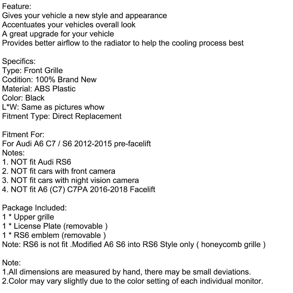 RS6 Style Honeycomb Front Bumper Grille Grill Fit A6 C7 S6 2012-2015