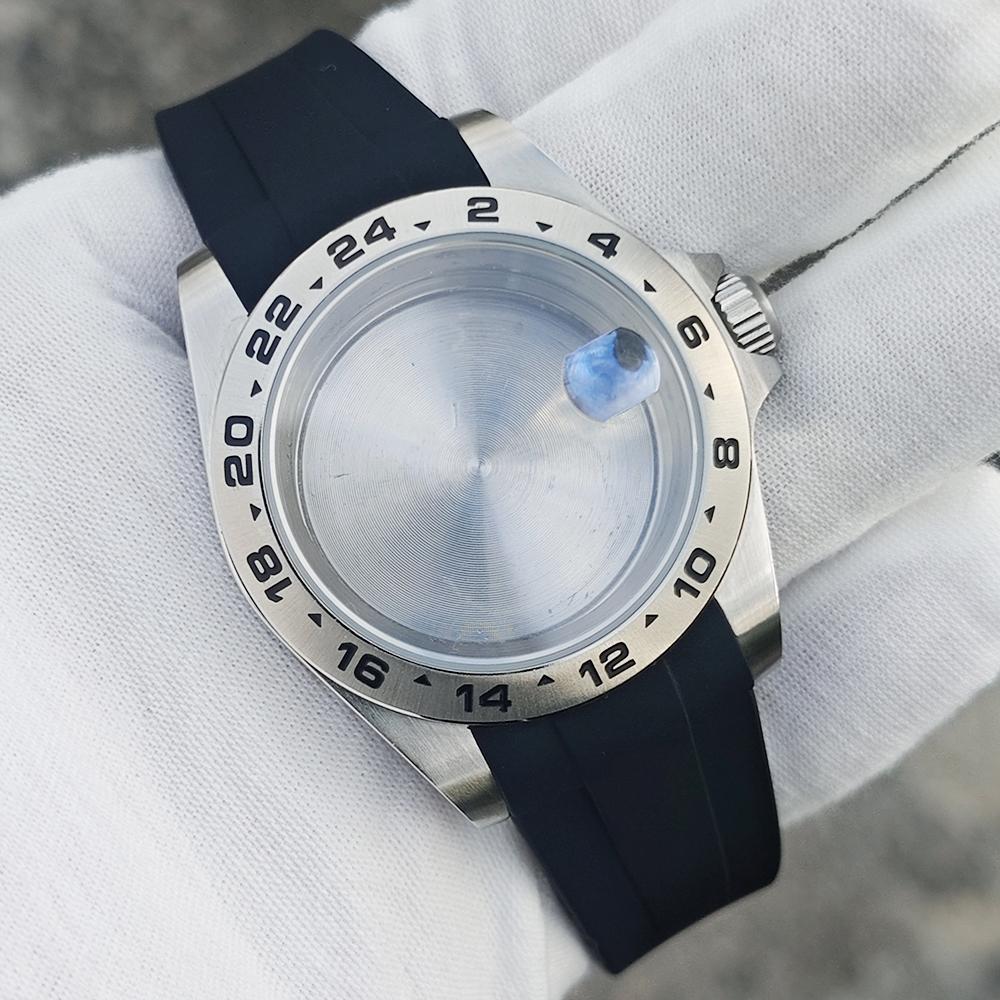 39mm Old EXP 24 Hour GMT Steel Bezel Watch Case for NH34 NH35 NH36 Sapphire Glass Explorer Case Accessories Silicone Strap