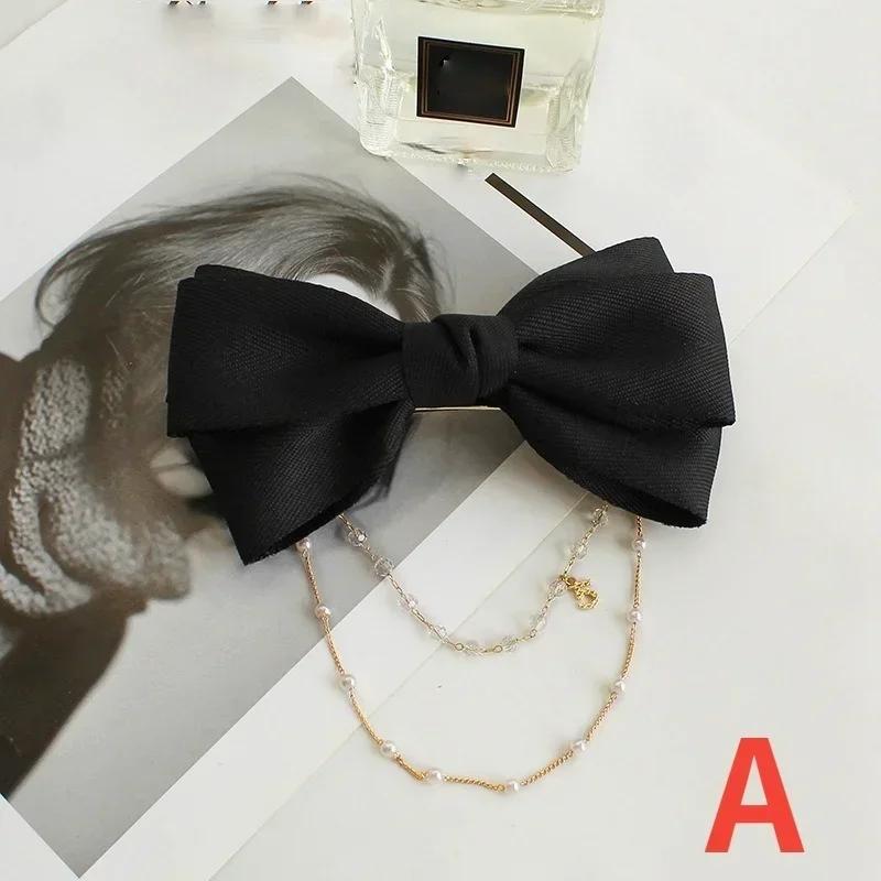 High-quality Bow Pearls Chain Barrettes Hairpins for Women Rhinestone Spring Hair Clips Ribbon Headband Ponytail Hair Accessory