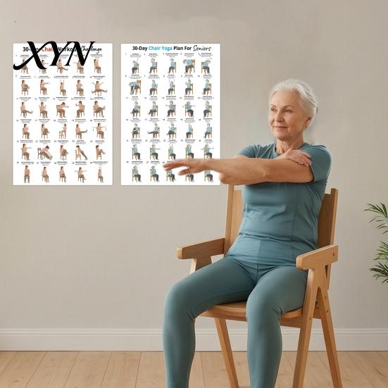Gentle Workouts For Elderly 2Pcs Chair Yoga Poster Set, 30 Day Seated Exercise Chart for Easy Home Seniors, Stretching Workout Guide Elderly, Strength