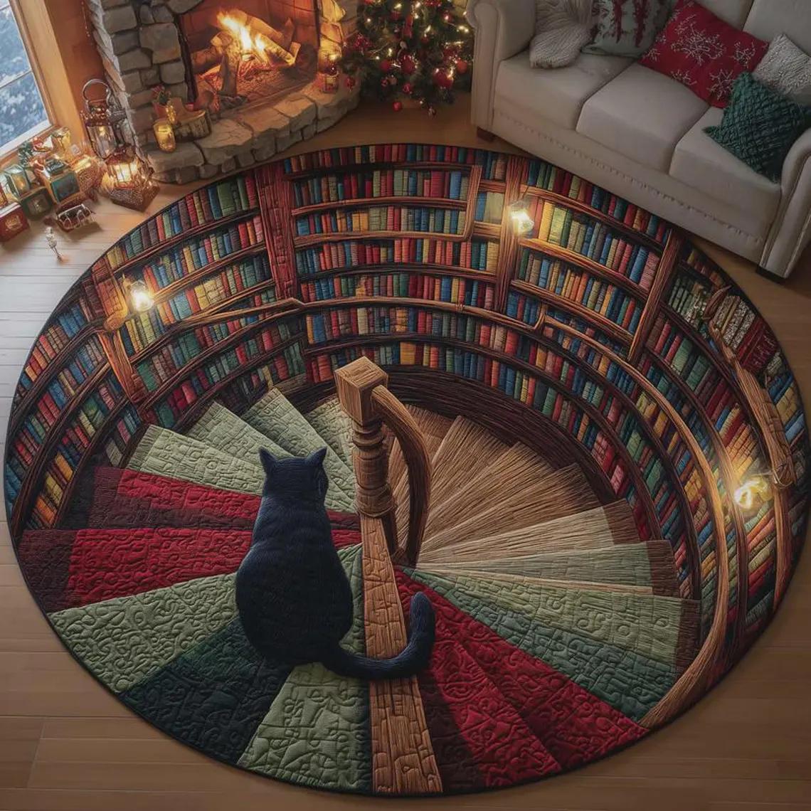 

Vintage Library Rug, Bookish Halloween Round Mat, Gift for Book Worms, Librarian Gift, Reading Room Indoor Carpet Door Mat 60cmx60cm