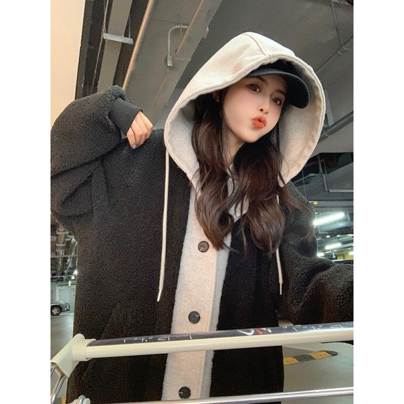 Chic Korean 2025 Autumn/Winter Long Hooded Lambswool Skirt Jacket