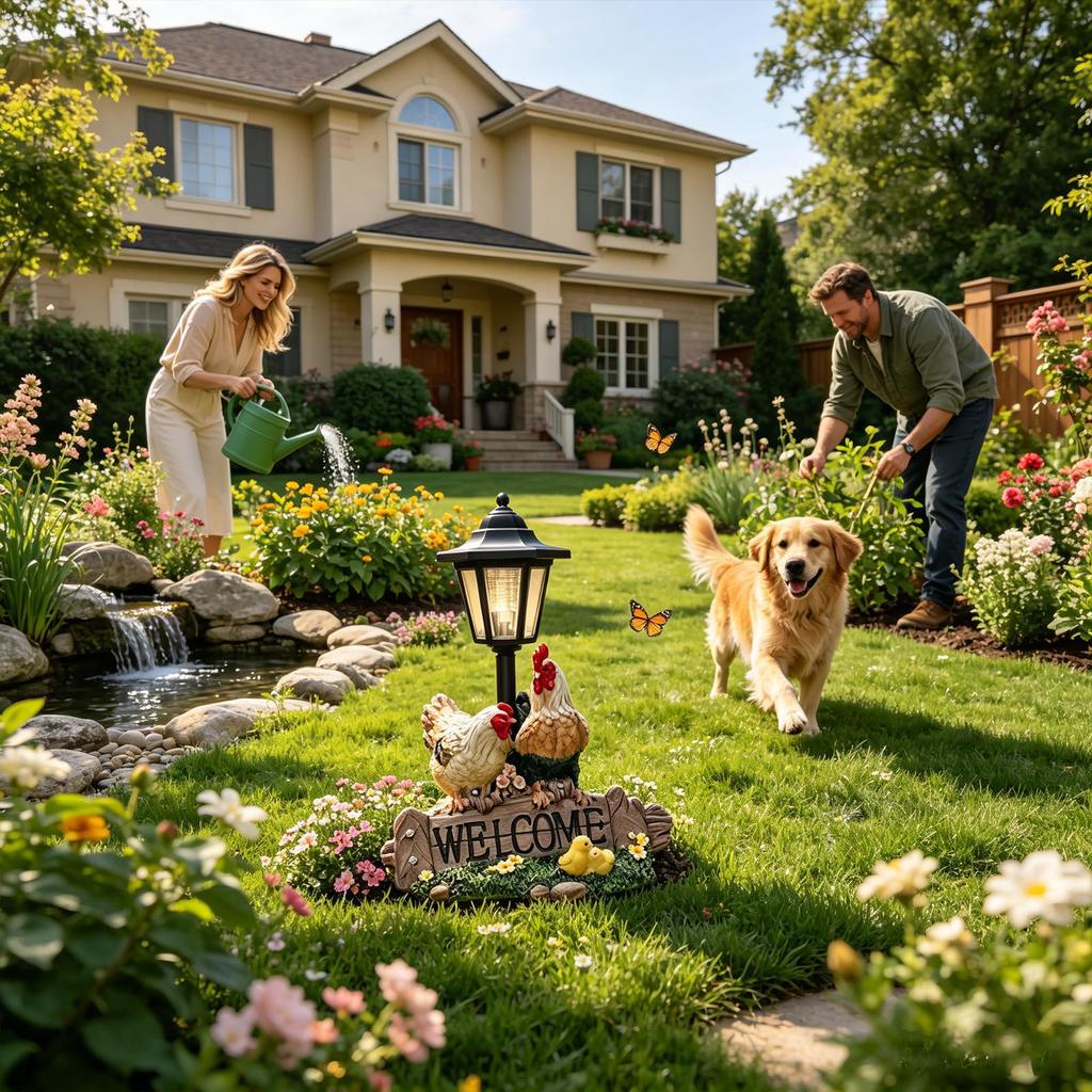 Solar Powered Chicken Garden Lamp Animal Resin Sculpture Figurine Light Cute Sculpture Lamp Lawn Courtyard Garden Decoration