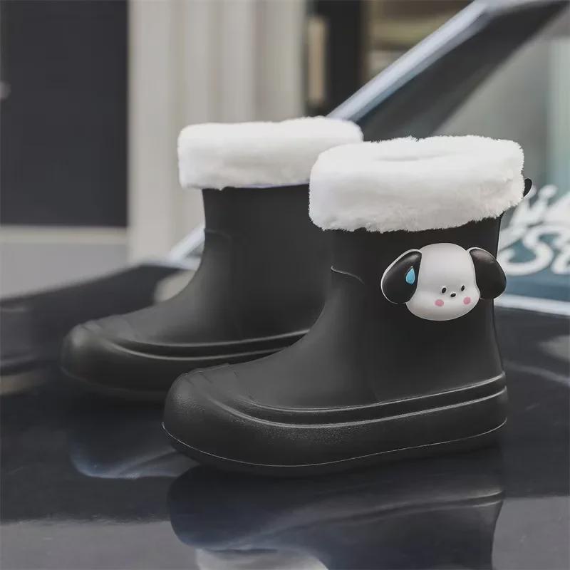 Women's Cute Korean Cartoon Non-Slip Waterproof Rain Boots with Velvet and Cotton for Warmth - Short Tube Outdoor Footwear
