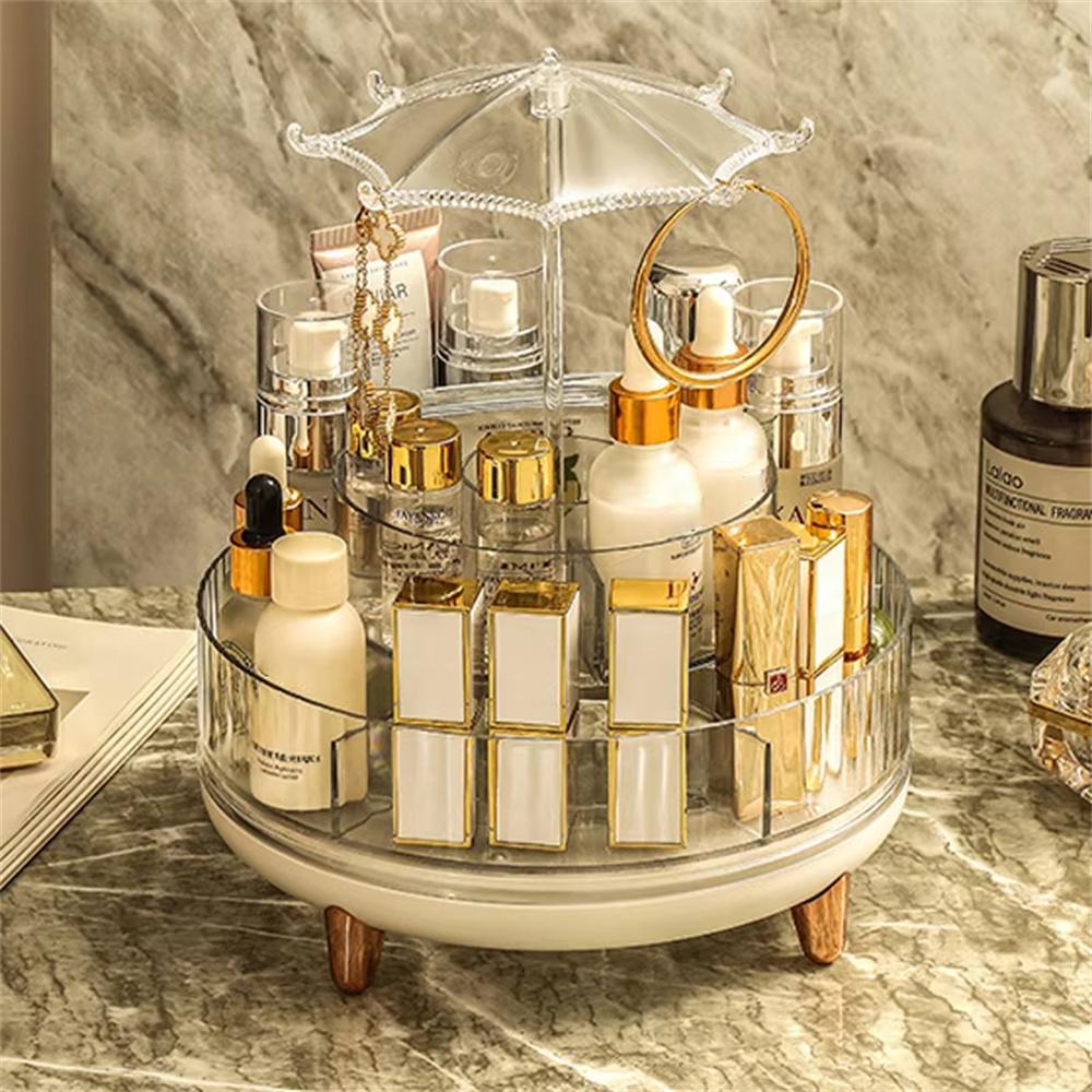 

Rotating Makeup Organizer Skincare Product Cosmetic Storage Box Transparent Jewelry Hanging Holder with Heighten Feet A