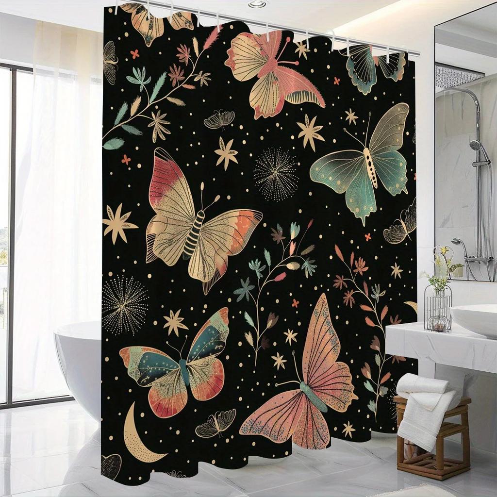 1pc Butterfly Print Shower Curtain - Polyester, Vibrant Butterfly & Floral Design, Black Background, Modern Decor