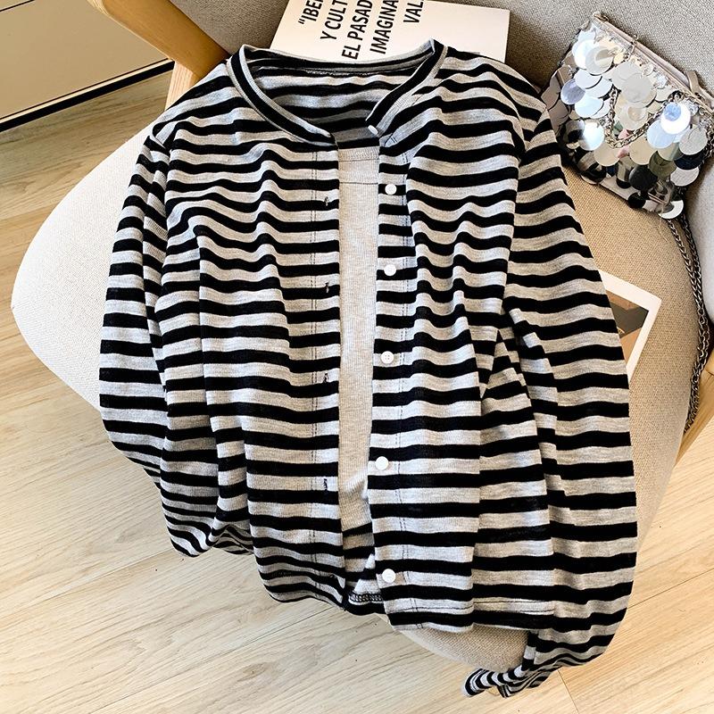 

Striped crew neck knitted cardigan women s early autumn stacked wear suspenders two-piece top XL