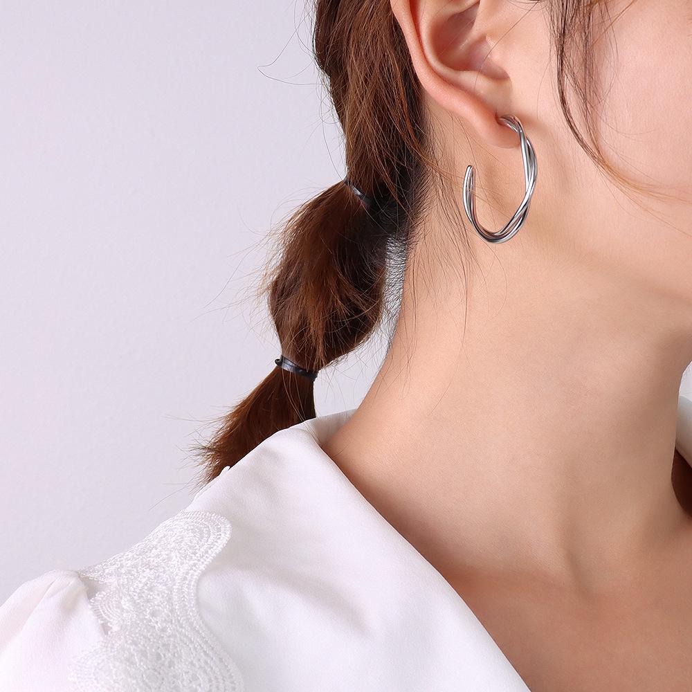 Hong Kong Style Twisted Braid Double Layer 18K Gold Titanium Steel Earrings - F485