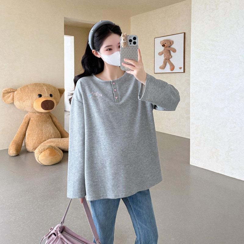 Autumn 2026 Cute Cat Embroidery Heart Pink Loose Fit Korean Style Maternity T-shirt XL