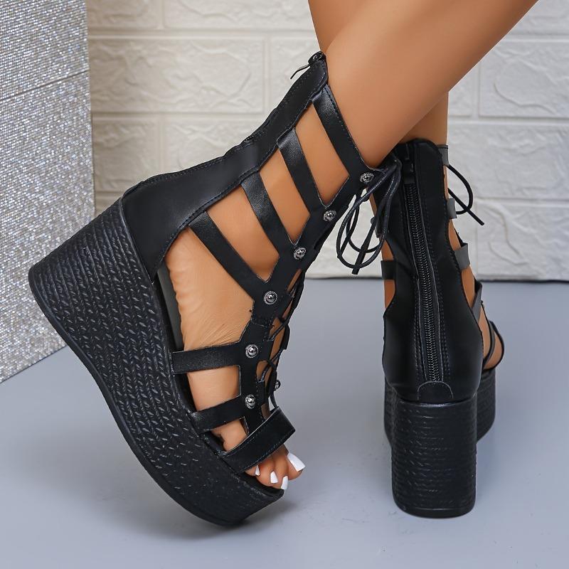 Fashion Slope Heel Sandals Summer New Round Head Thick Bottom Front Lacing Hollow Bag with Anti-slip Wear-resistant High Heels