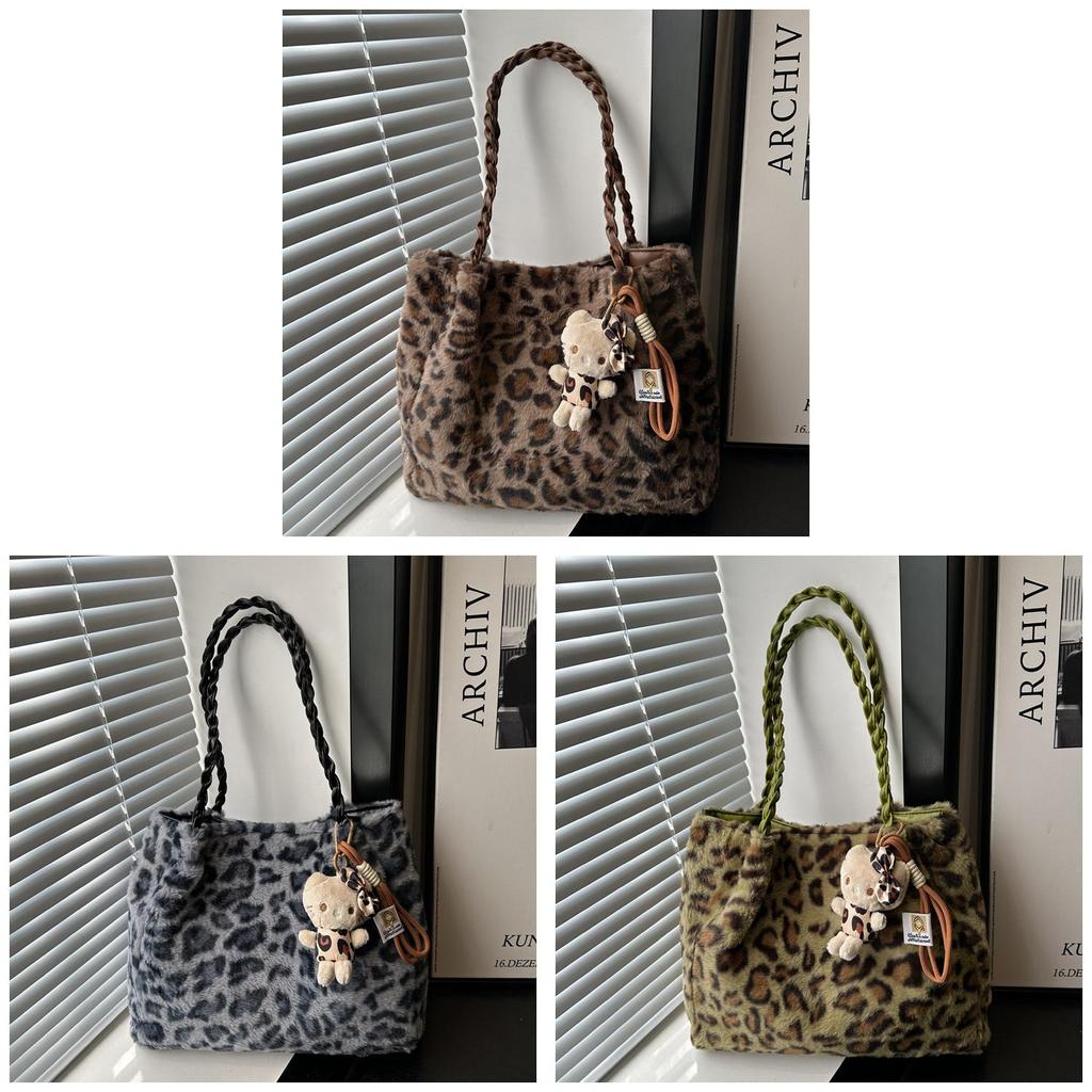 Street Style Leopard Print Plush Tote Bag With Magnetic Closure For Casual Daily Use