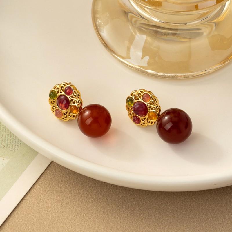 Bloemvormige Oorbellen Met Kleurrijke Agate Kralen Imitatie Parel Hangers Minimalistisch Elegante Sieraden Vrouwen
