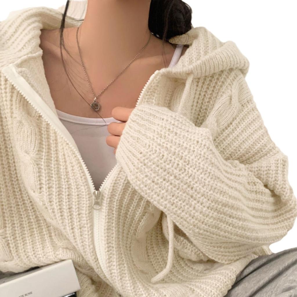 Autumn and Winter Korean Version Lazy Style Loose Fried Dough Twists Double Zip Hooded Long Sleeve Knitting Sweater Cardigan Coat Women