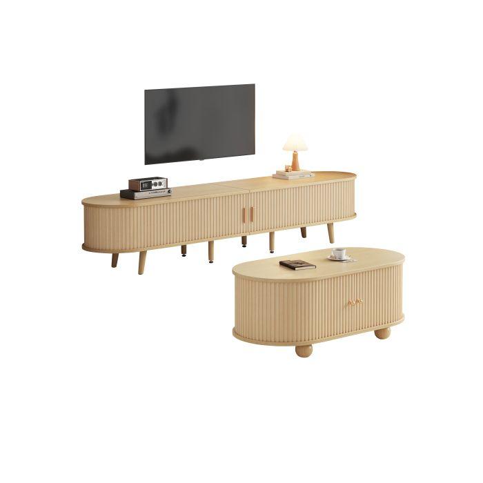 Armoire TV de salon avec espace de rangement + combinaison de tables basses, combinaison ovale dans la couleur du bois d'origine,MDF