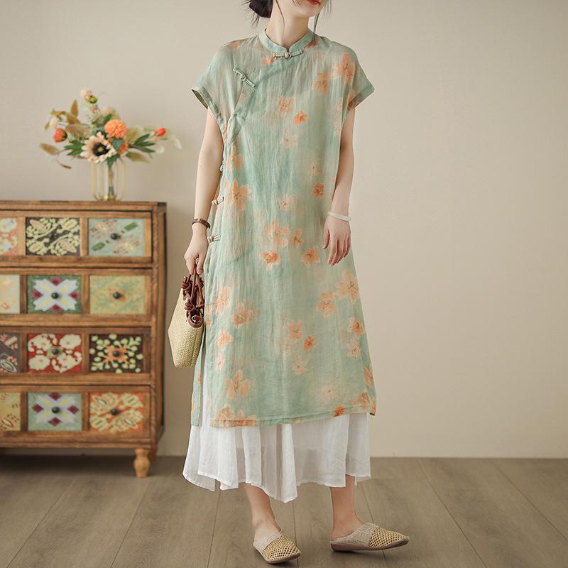 

Summer cold wind disc buckle oblique placket cotton and linen medium and long dress literary tea service side split robe M