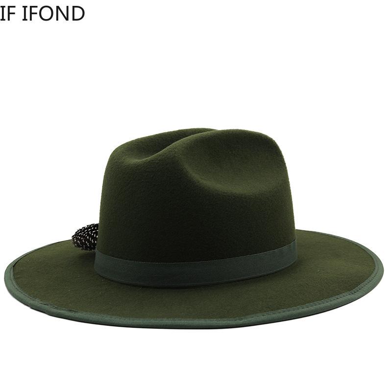 New Autumn Winter Feather Band Felt Fedora Hat For Women Wide Brim Gentleman Wedding Party Hat Church Jazz Hat