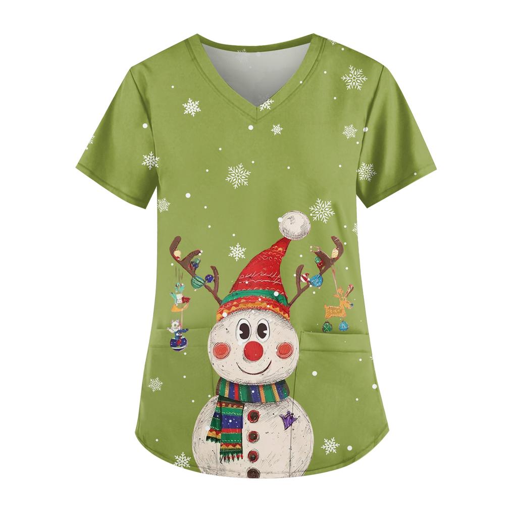 Ladies' Fashionable V-neck Pocket Short Sleeved Christmas Tree Printed Caregiver Uniform