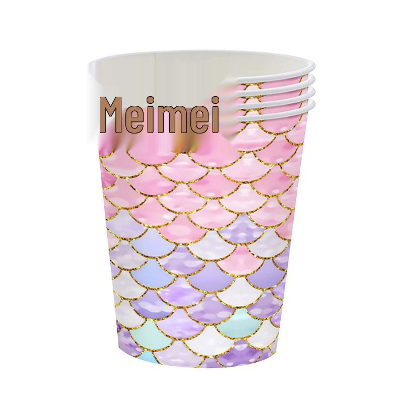 Mermaid-Themed Birthday Party Tableware Set: Disposable Tablecloth, Cups, Napkins, Plates.