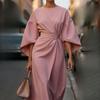 Women Elegant Belted Maxi Dress Batwing Sleeve Round Neck Split Solid Color Formal Party Long Gown