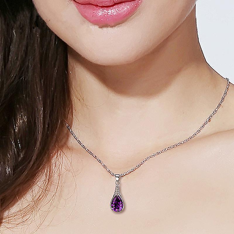 Buyee 925 Silver Female Stone Pendant Chain Natural Amethyst Necklace for Women Fashion Party Fine Jewelry Chain Gift