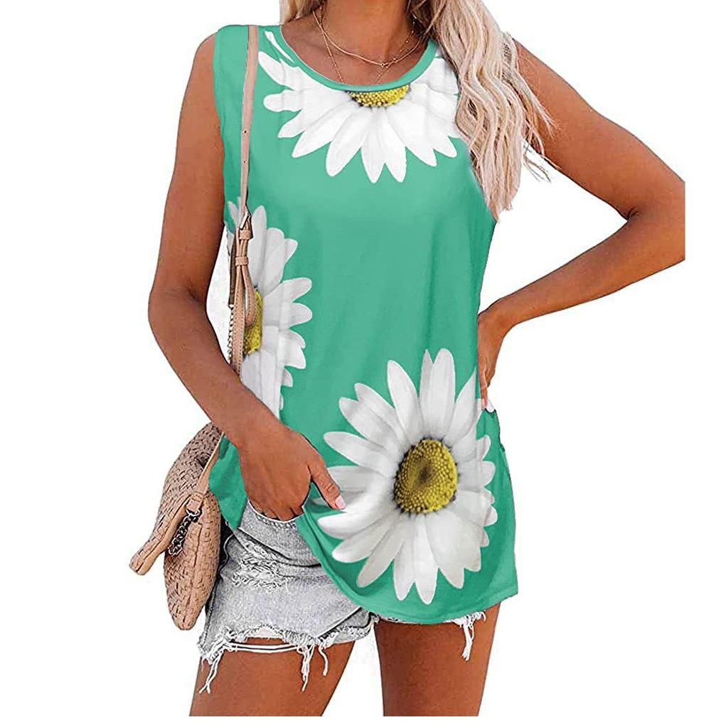 Women's Printed Tank Top Casual Loose Chrysanthemum Sleeveless Round Neck Top