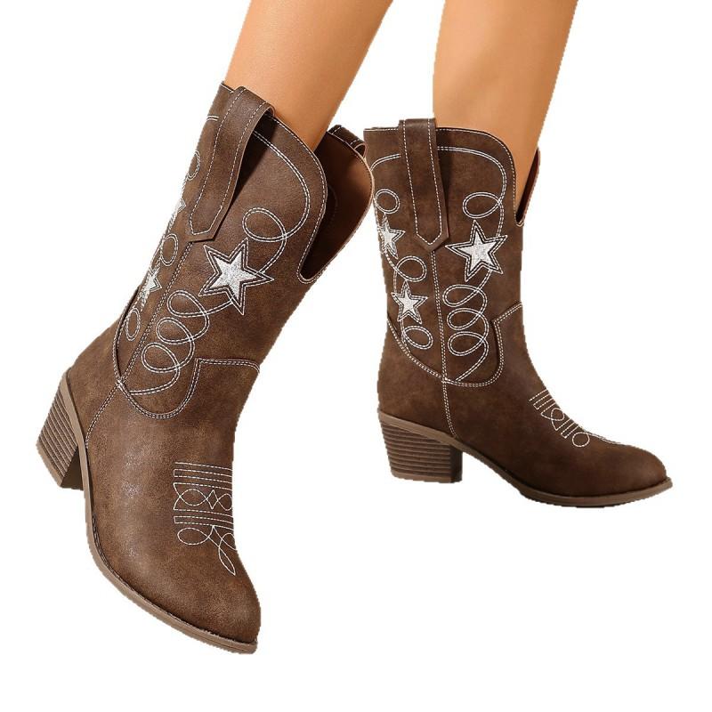 Womens Western Embroidered Boots Round Toe Chunky Mid Heel Mid-Calf Pull-On All-Match Casual