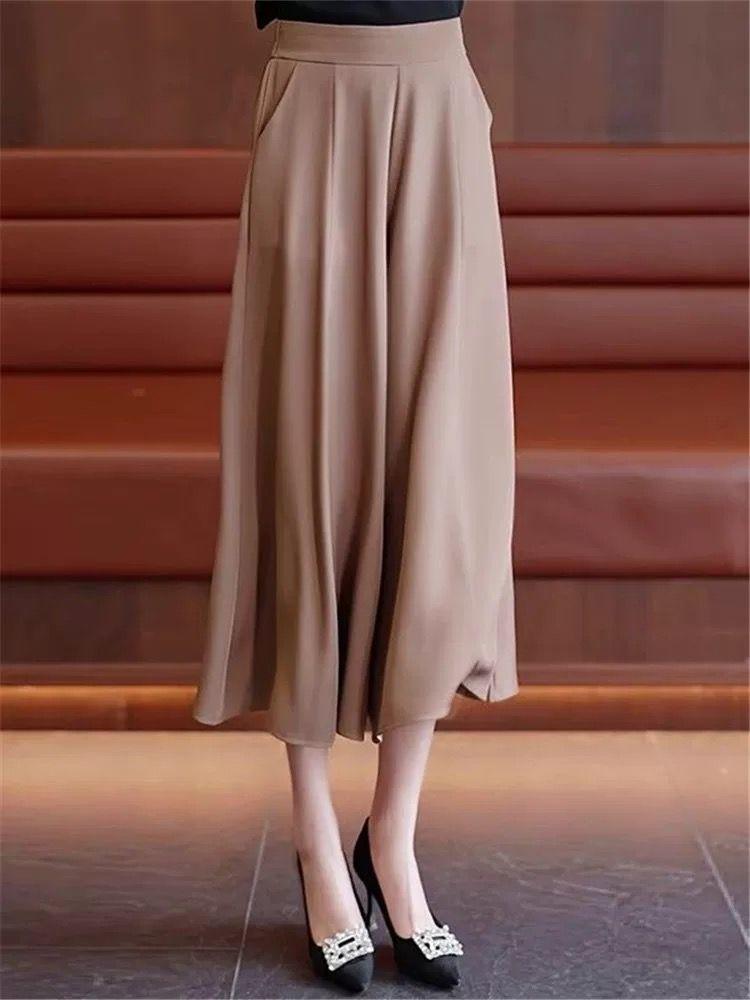 Women's 2026 Summer Ice Silk High Waist Wide-Leg Skirt Pants - Thin, Casual, Seven-Point Style