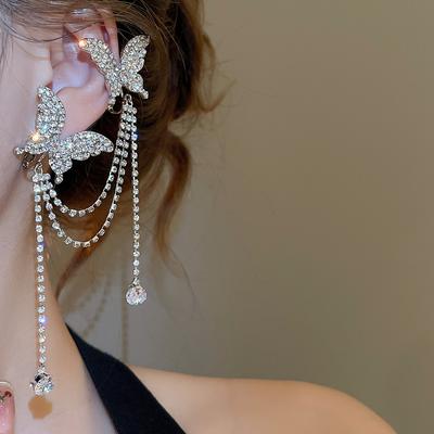Light Luxury High-End Butterfly Ear Clip, Asymmetric Tassel Design With Diamond Inlay, Exaggerated Ear Bone Clip Earrings For Women Without Ear Holes