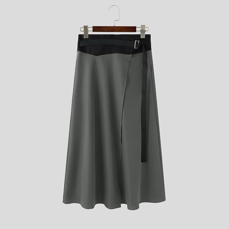 INCERUN Men Women Patchwork High Waist Belt Casual Ruffled Pleated Skirts