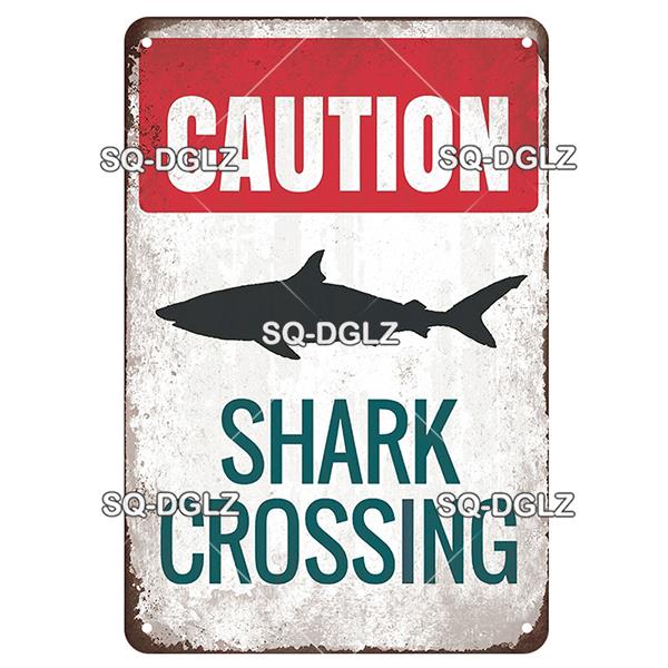 SQ-DGLZ Vintage Metallskylt Varning Haj Poolregler Tennskylt Havsbutiksskylt Hembar Väggdekor Klistermärke Dekorationsplatta Affisch