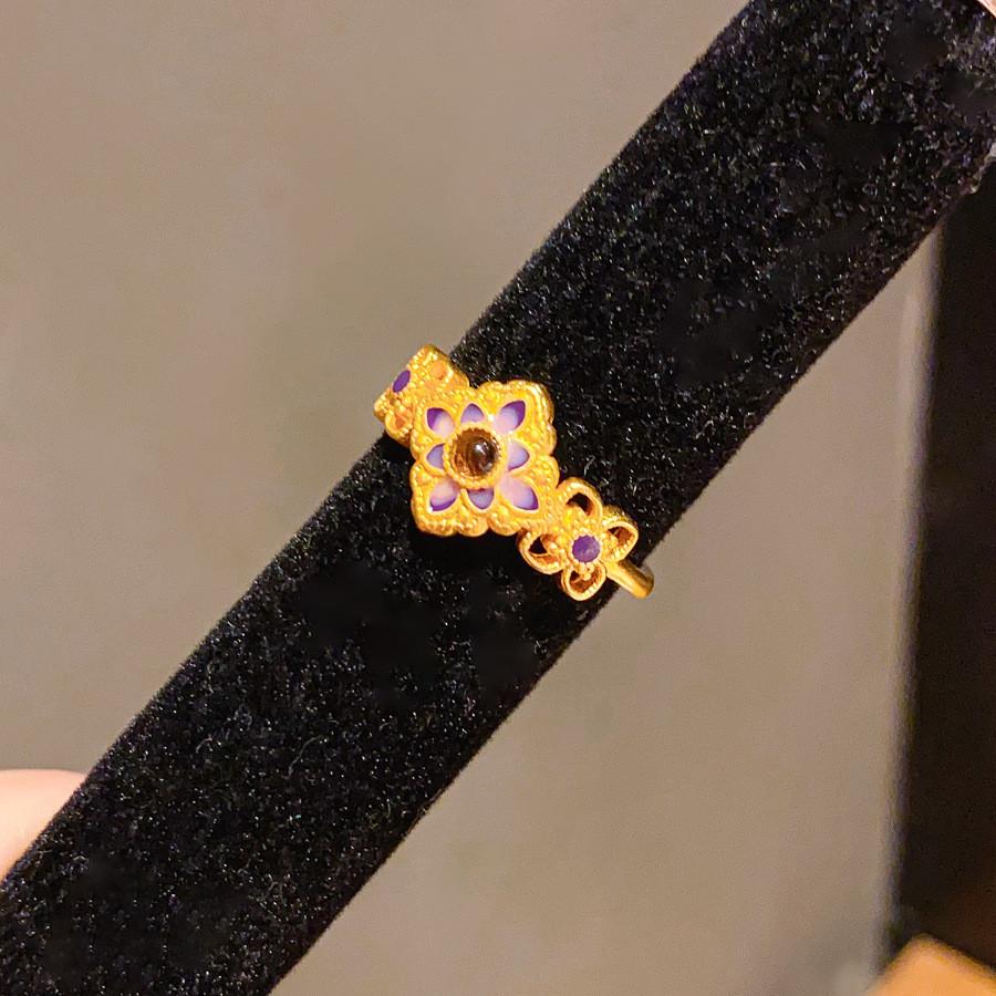 24k Gold Plated Square Hollow Ring With Gemstones For Retro Style Womens Jewelry StyleA