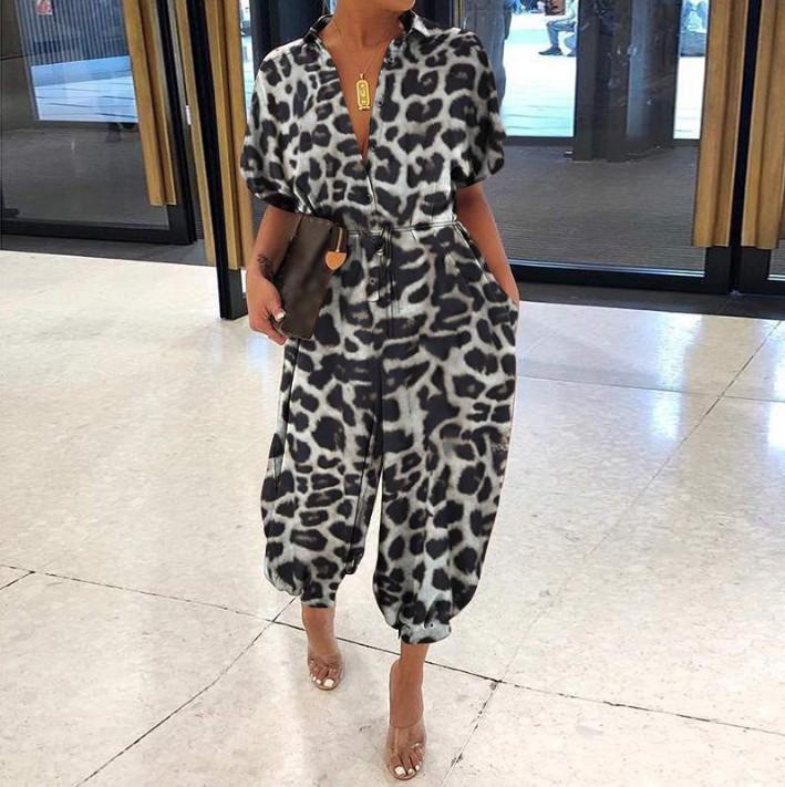 2020 Women's European Retro Leopard Print Short Sleeve Jumpsuit, Loose Plus Size, High Waist, Leg-Slimming Design