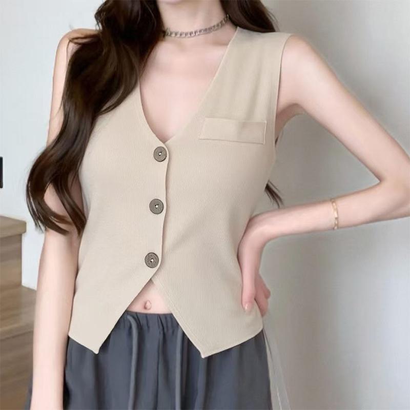 Women  Neck Knitted Vest French Retro Slim Single Breasted Sleeveless Top Trendy Soft Layer For All Occasions