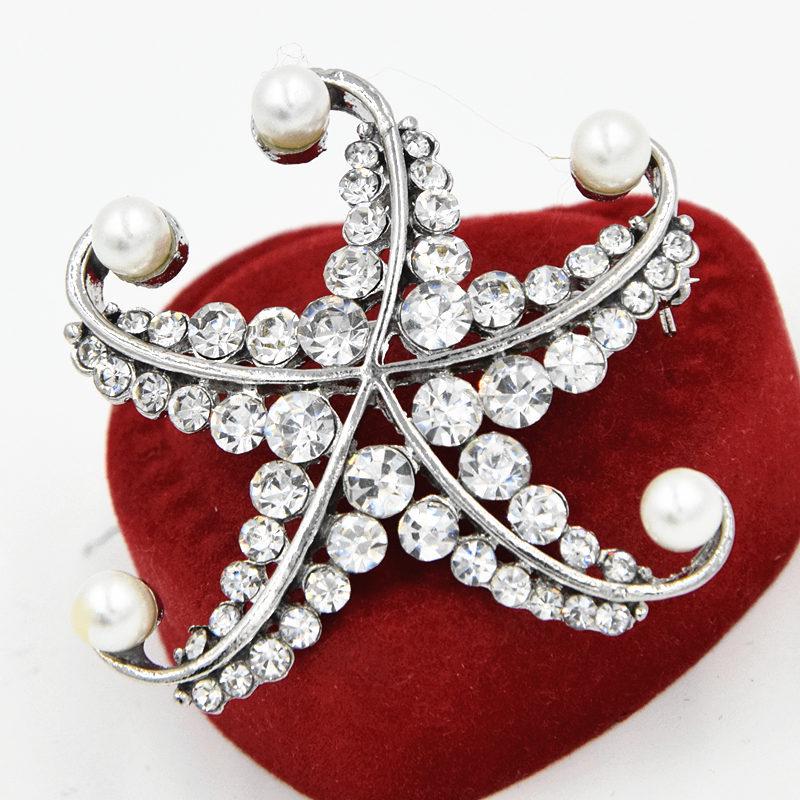 Charming Starfish Rhinestone  Pearl Brooch B1011