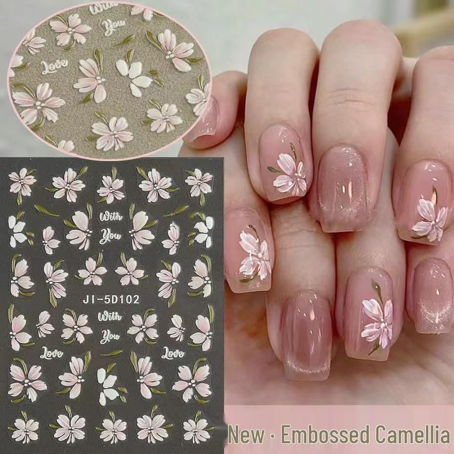 Camellia 5D Embossed Nail Art Stickers: Small Fresh Ice Flower Hand-Painted Ornaments